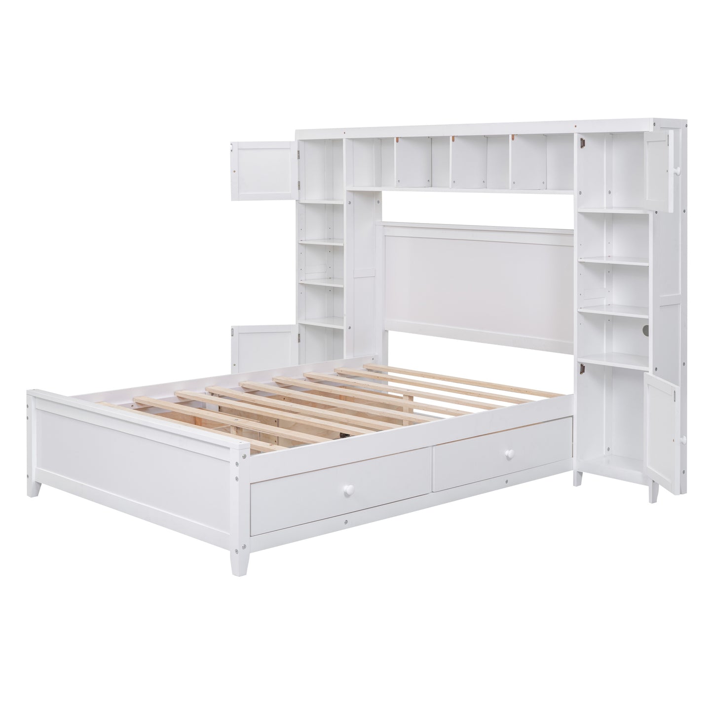 Full Size Wooden Bed With All-in-One Cabinet and Shelf