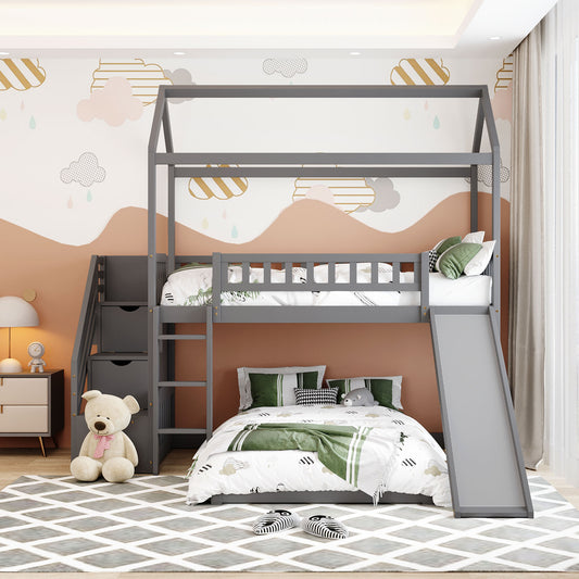 Twin Over Twin Bunk Bed with Two Drawers and Slide, House Bed with Slide