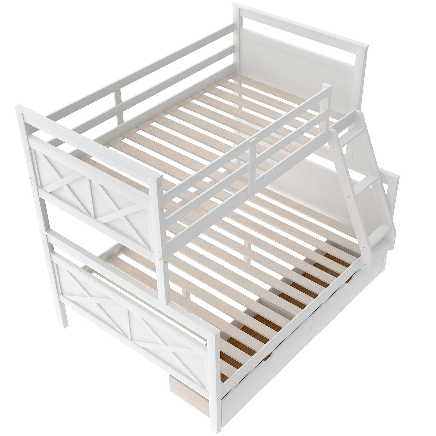 Twin over Full Bunk Bed with Ladder, Two Storage Drawers, Safety Guardrail, White