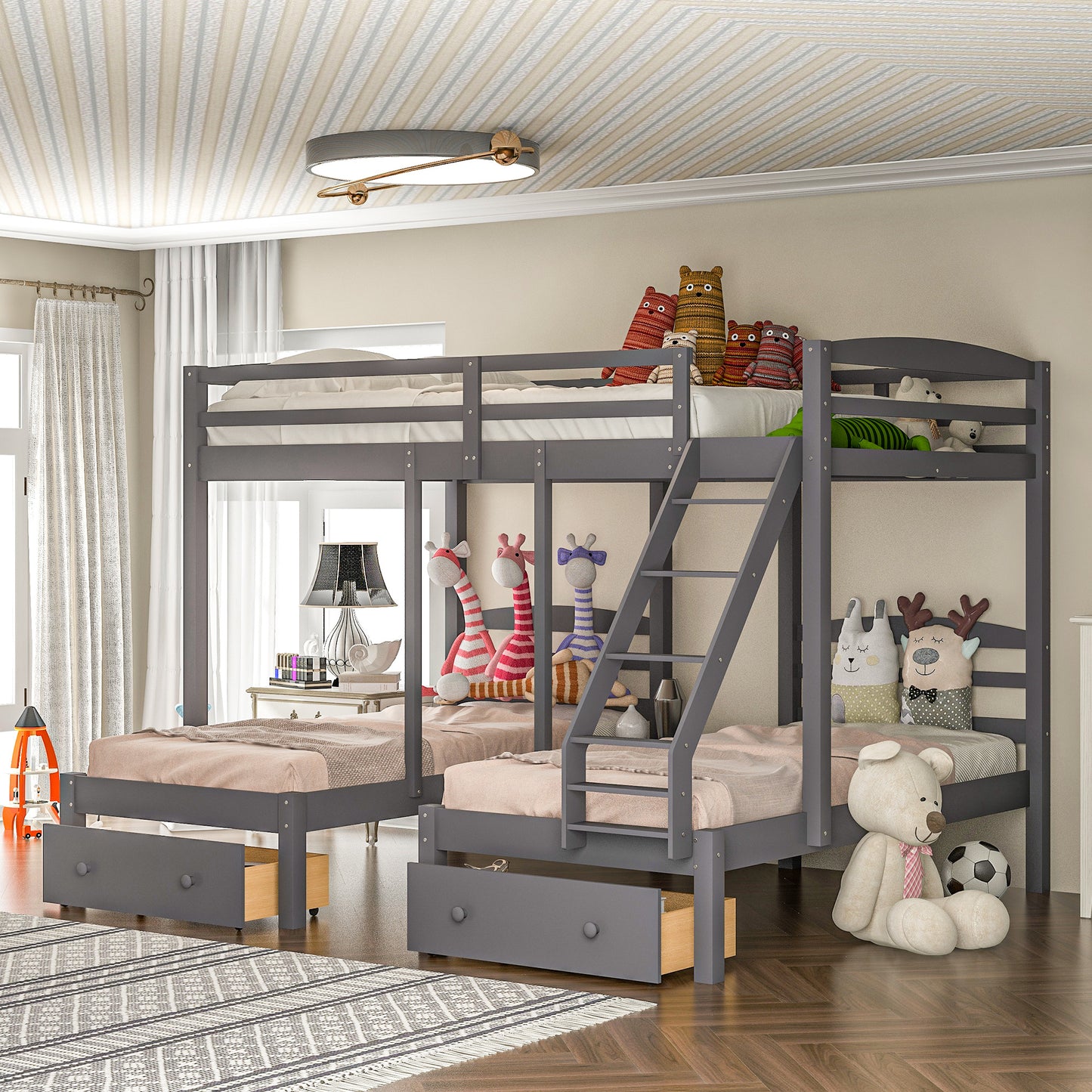 Full over Twin & Twin Bunk Bed,Triple Bunk Bed with Drawers