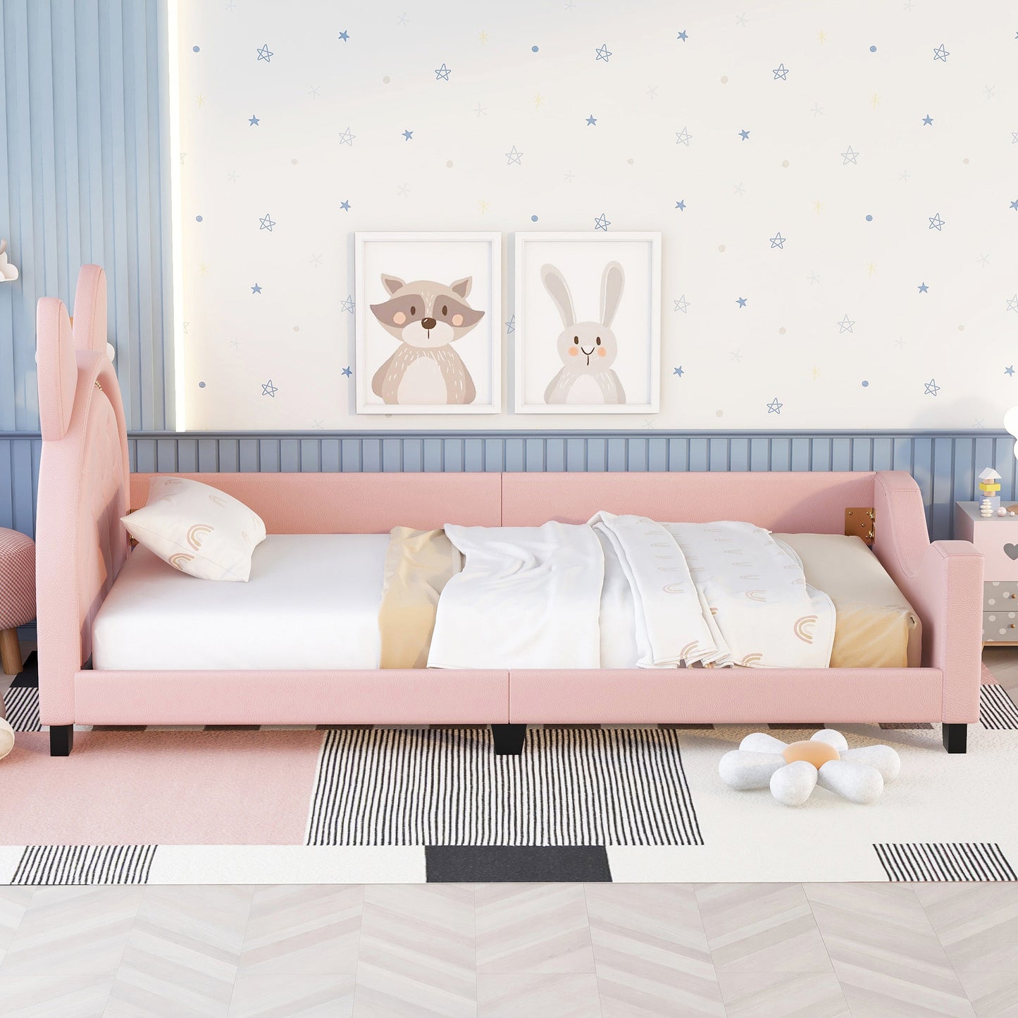 Twin Size Upholstered Daybed with Carton Ears Shaped Headboard, Pink