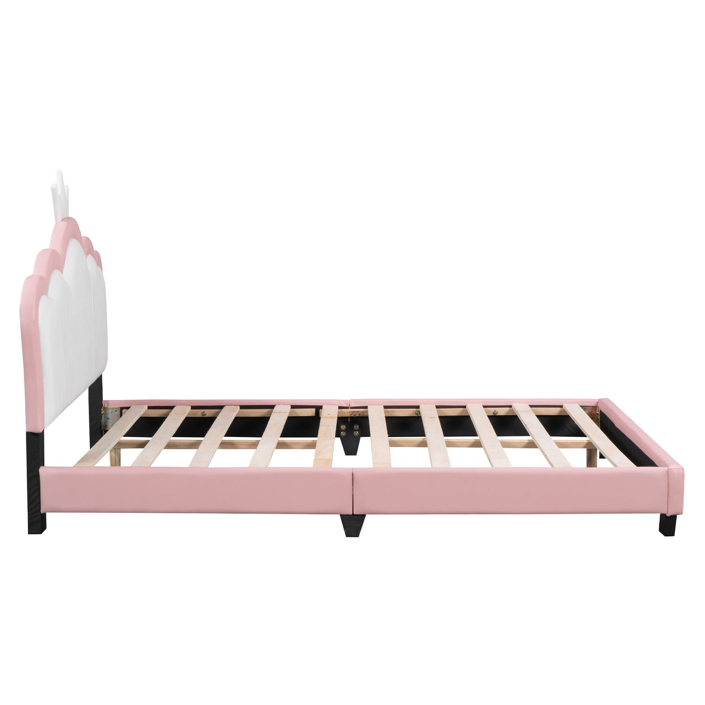 Full size Upholstered Princess Bed With Crown Headboard,Full Size Platform Bed with Headboard and Footboard,White+Pink