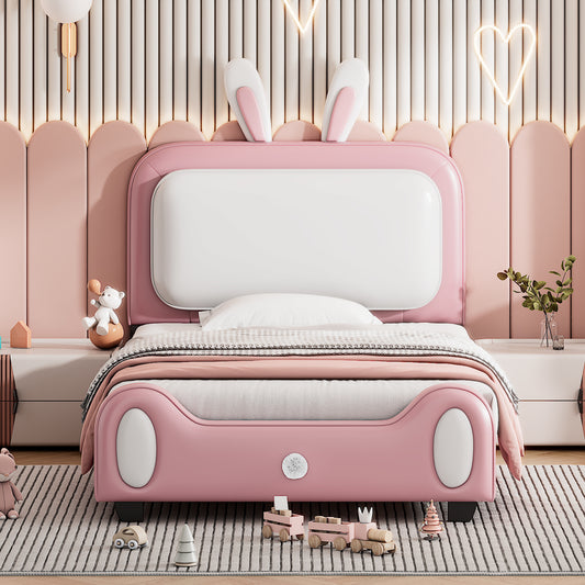 Twin size Upholstered Rabbit-Shape Princess Bed ,Twin Size Platform Bed with Headboard and Footboard,White+Pink