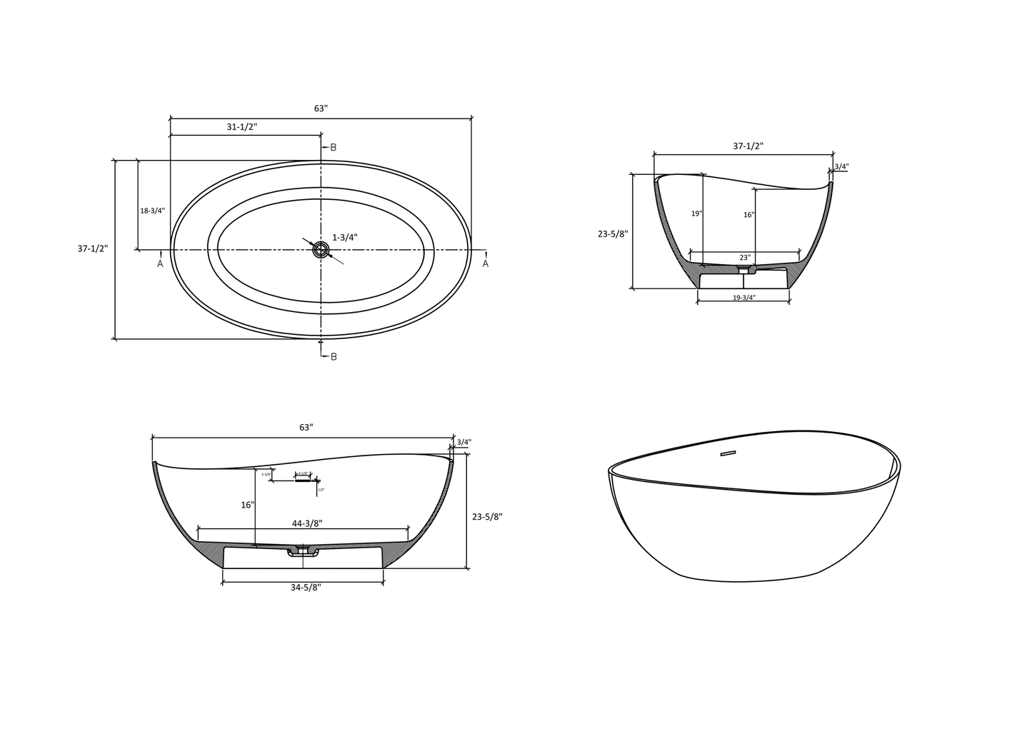 63" Freestanding Stone Resin Soaking Bathtub in Matte White 24S05-63MW