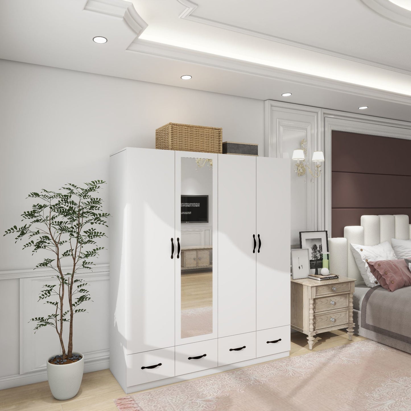 Armoire Wardrobe Closet 4 Door: 4 Drawers Wooden Cabinet Closet Wardrobe with Mirror and Hanging Rod High Storage Capacity for White Closet Cabinet 63" L x 20.3" W x 72.7" H