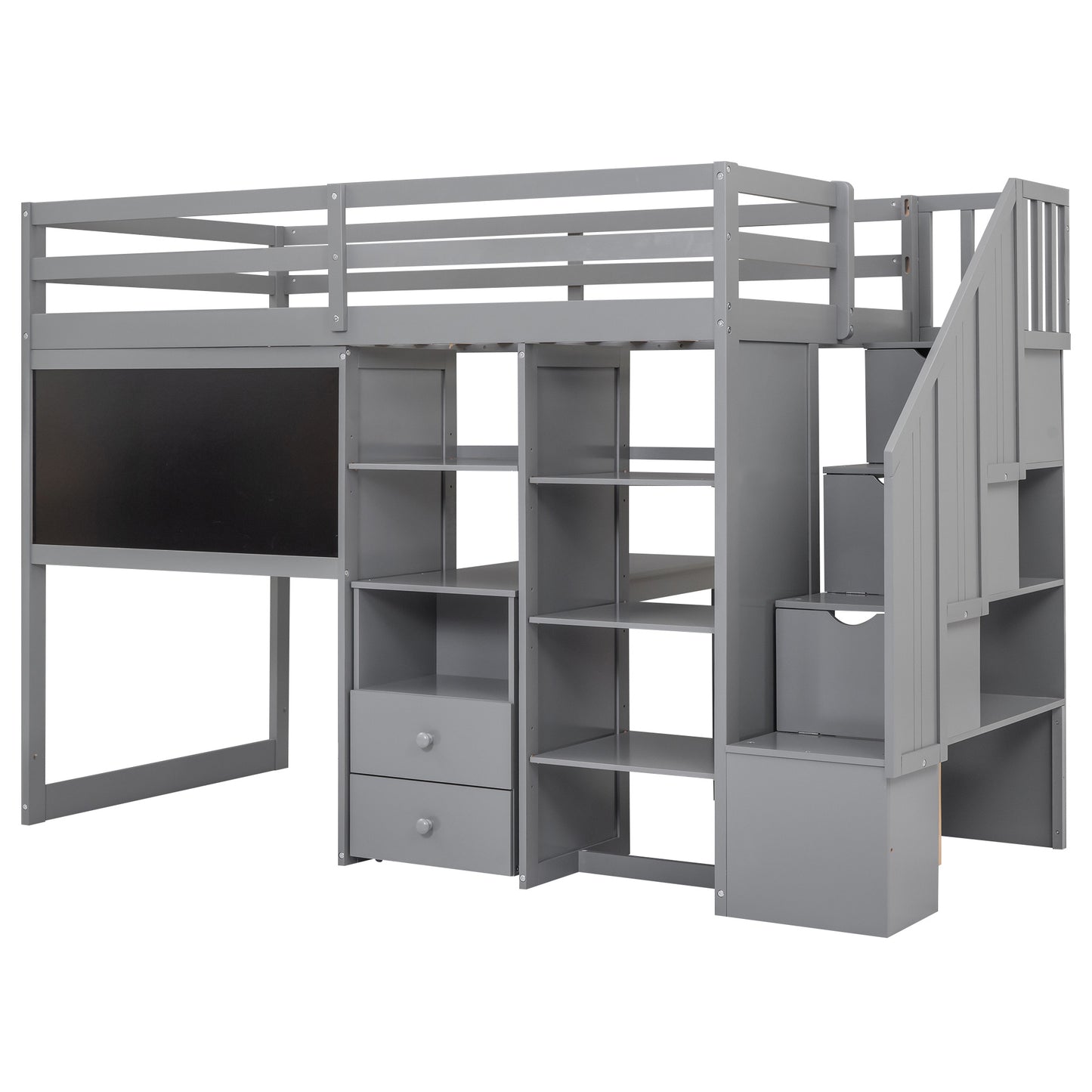 Twin Size Loft Bed with Pullable Desk and Storage Shelves; Staircase and Blackboard