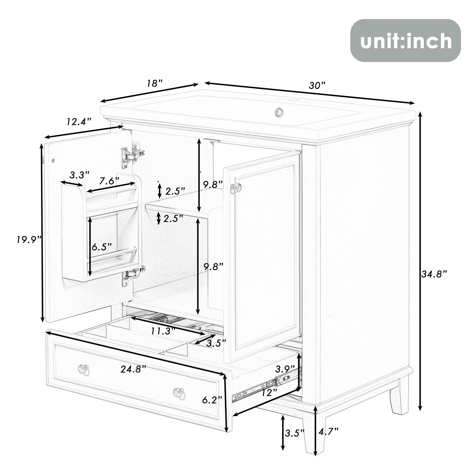 30\\\" Bathroom Vanity with Sink Combo, Multi-functional Bathroom Cabinet with Doors and Drawer, Solid Frame and MDF Board - Divine Heart L.A.