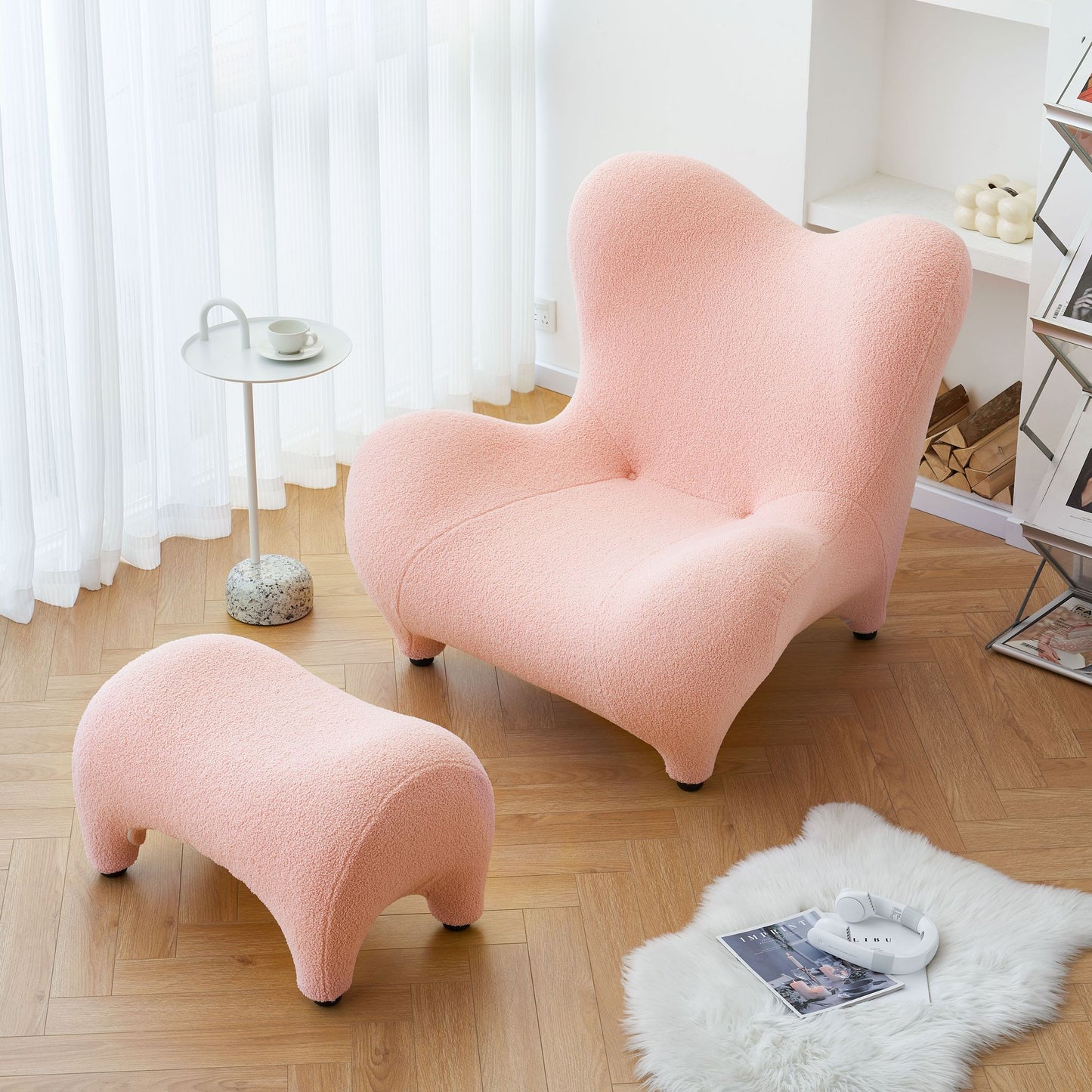 Whimsy High Back Sherpa Armchair with Footstool in Pink