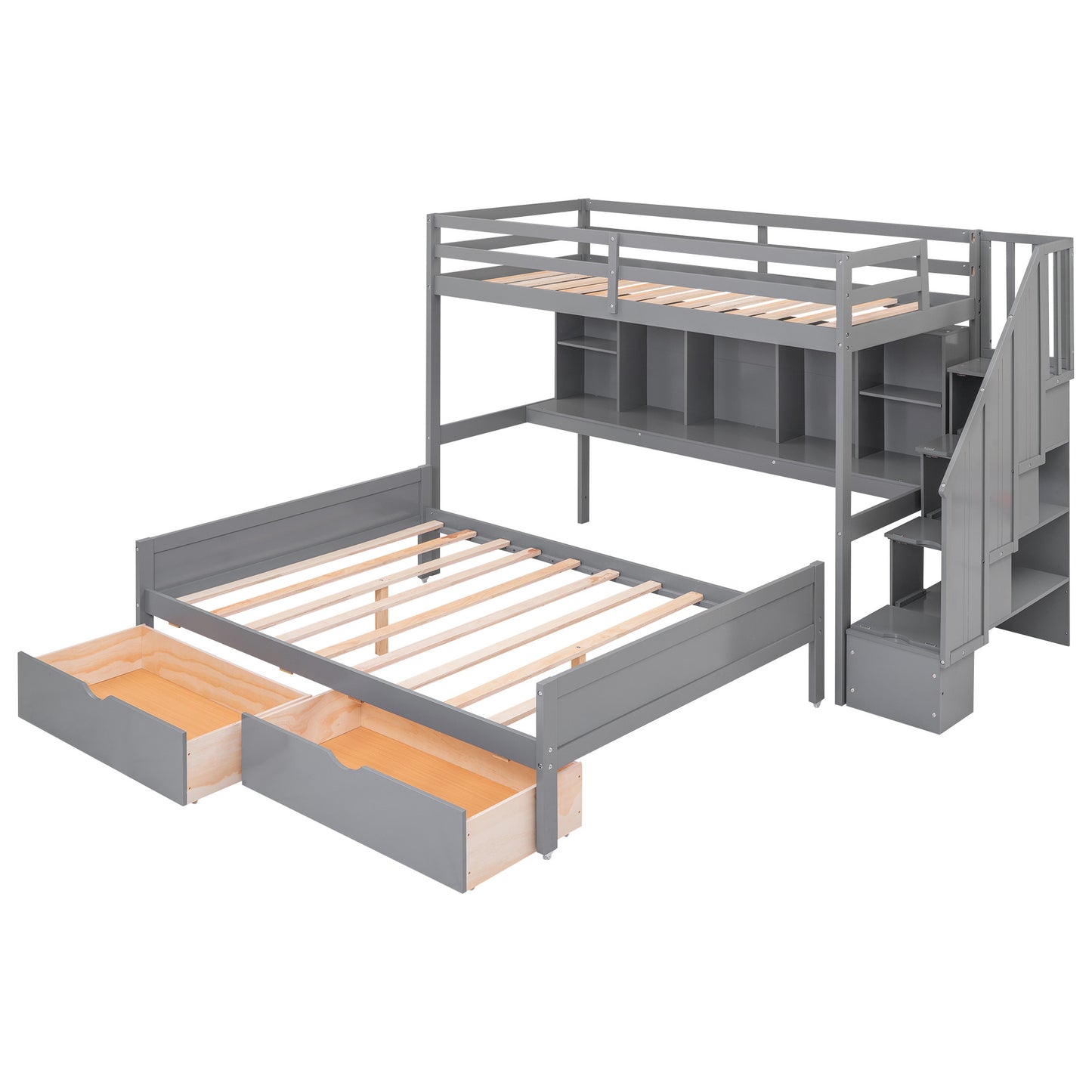 Twin XL over Full Bunk Bed with Built-in Storage Shelves;  Drawers and Staircase