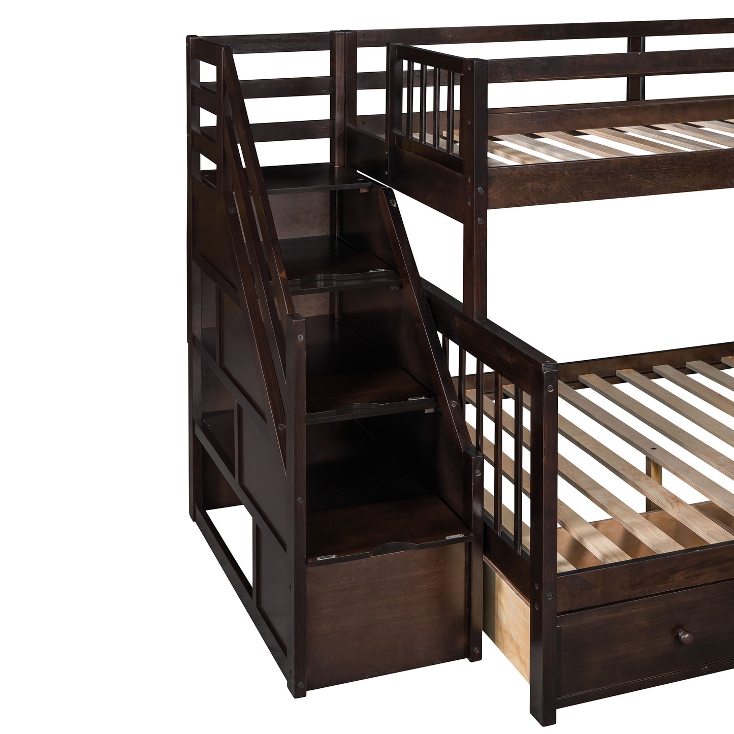 Twin over Full L-Shaped Bunk Bed With 3 Drawers, Ladder and Staircase