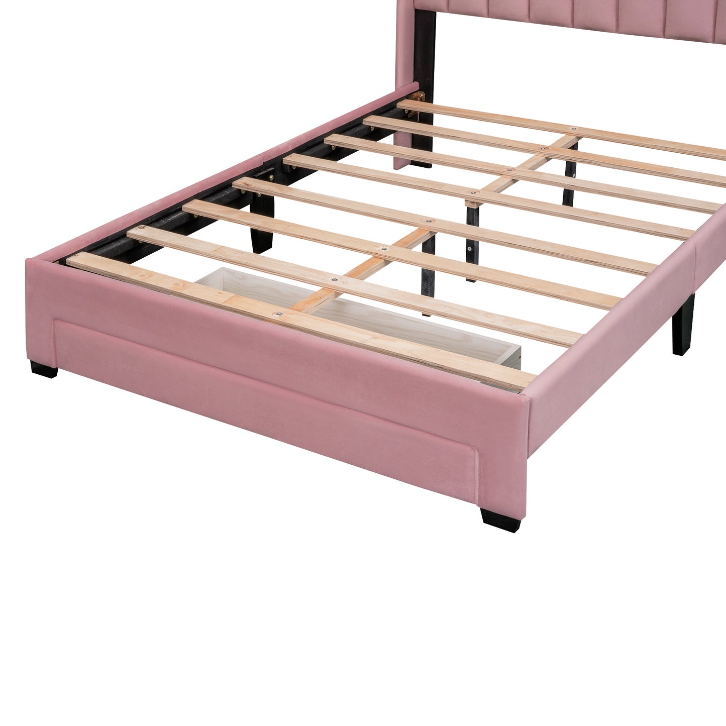 Full Size Storage Bed Velvet Upholstered Platform Bed with a Big Drawer - Pink