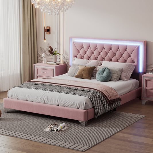 Queen Size Upholstered Bed Frame with LED Lights,Modern Velvet Platform Bed with Tufted Headboard,Pink