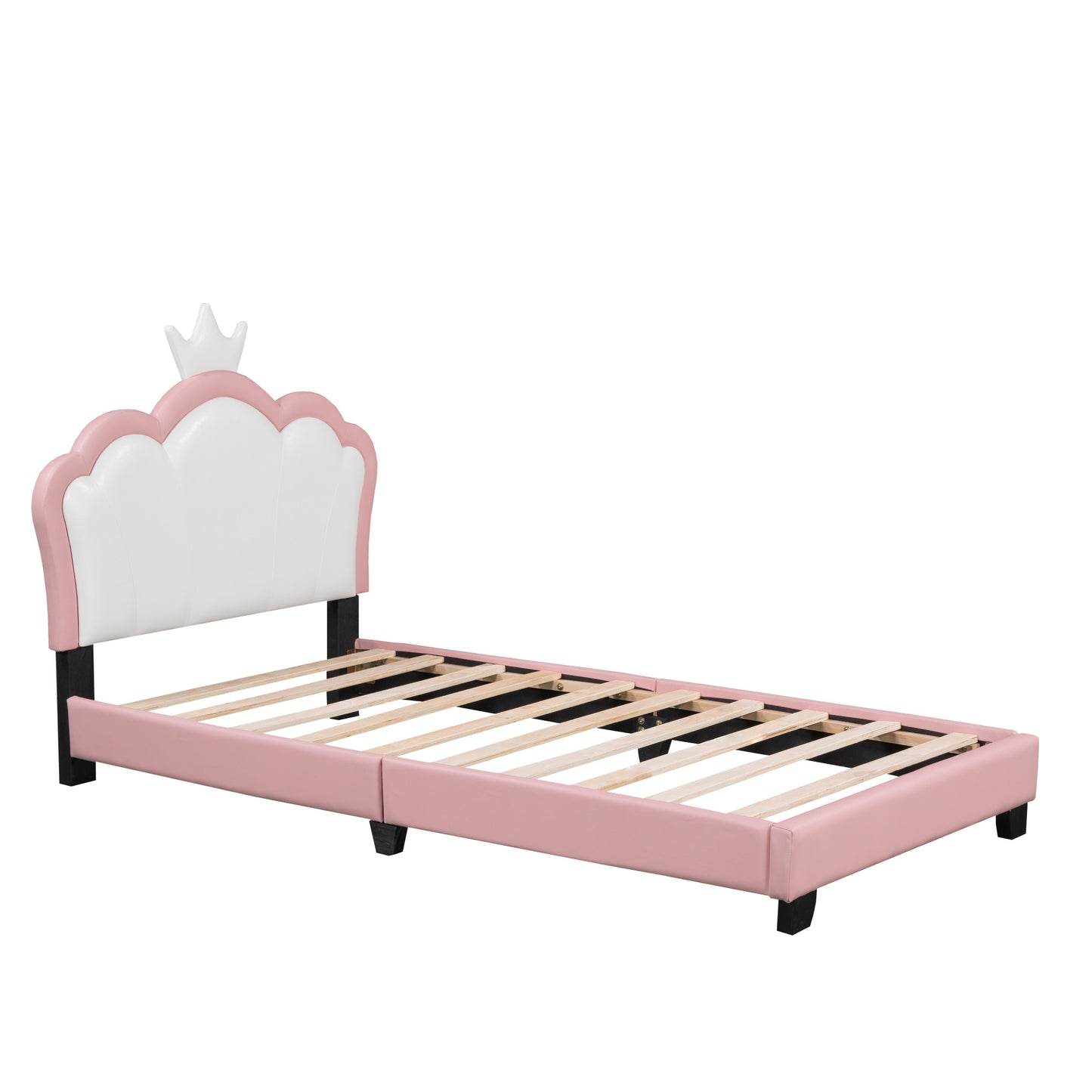 Twin size Upholstered Princess Bed With Crown Headboard,Full Size Platform Bed with Headboard and Footboard,White+Pink