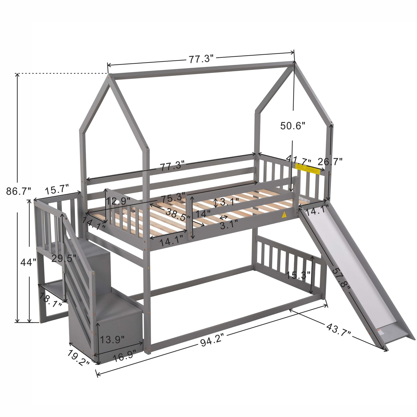 Twin over Twin House Bunk Bed with Convertible Slide; Storage Staircase