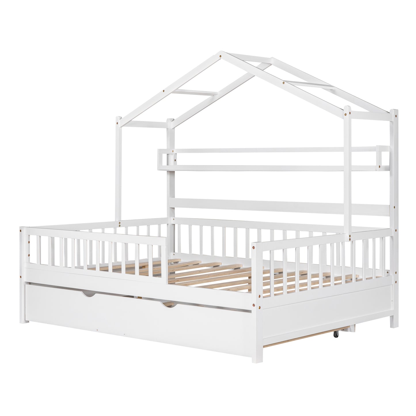 Wooden Full Size House Bed with Twin Size Trundle,Kids Bed with Shelf