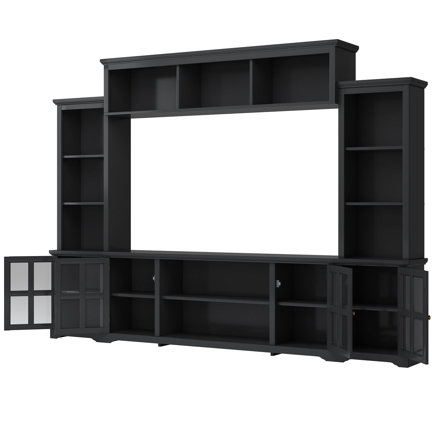 [VIDEO provided] ON-TREND Minimalism Entertainment Wall Unit with Bridge, Modern TV Console Table for TVs Up to 70", Multifunctional TV Stand with Tempered Glass Door, Black (Old SKU: SD000009AAB)