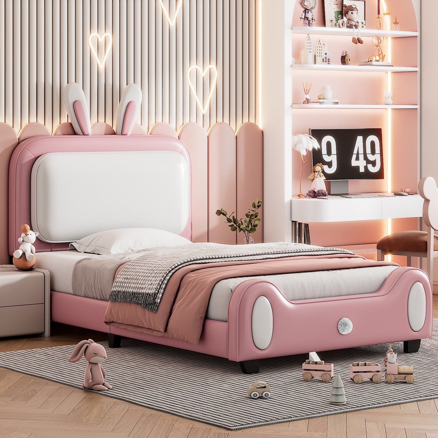 Twin size Upholstered Rabbit-Shape Princess Bed ,Twin Size Platform Bed with Headboard and Footboard