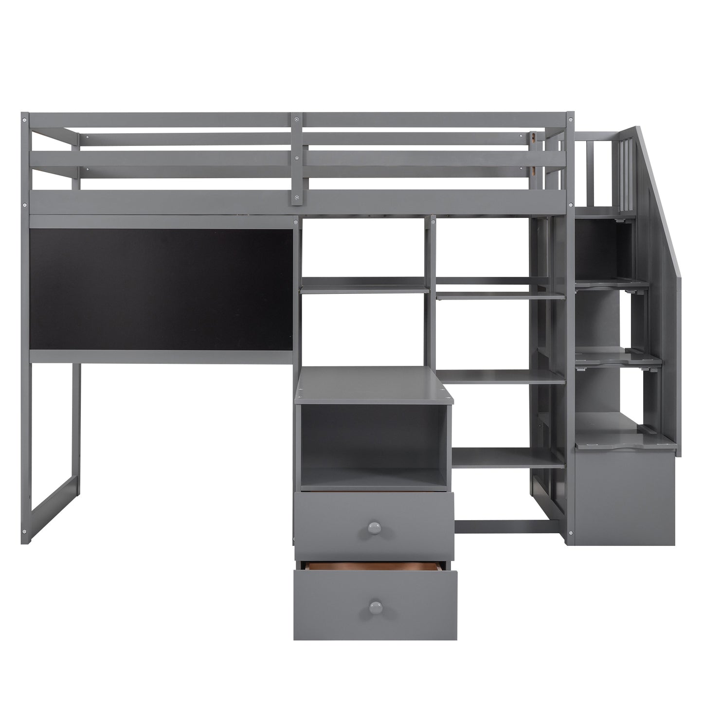 Twin Size Loft Bed with Pullable Desk and Storage Shelves; Staircase and Blackboard