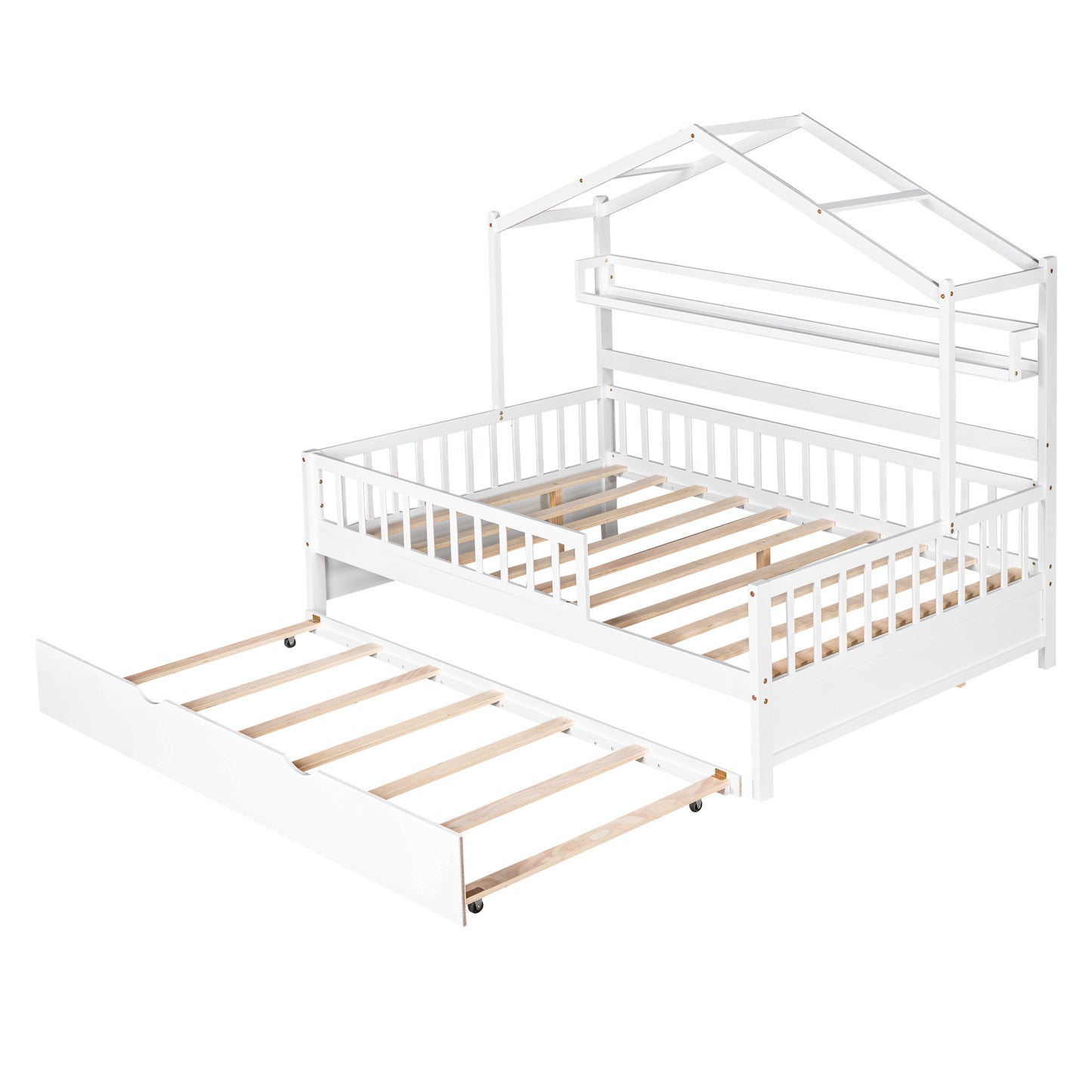 Wooden Full Size House Bed with Twin Size Trundle,Kids Bed with Shelf