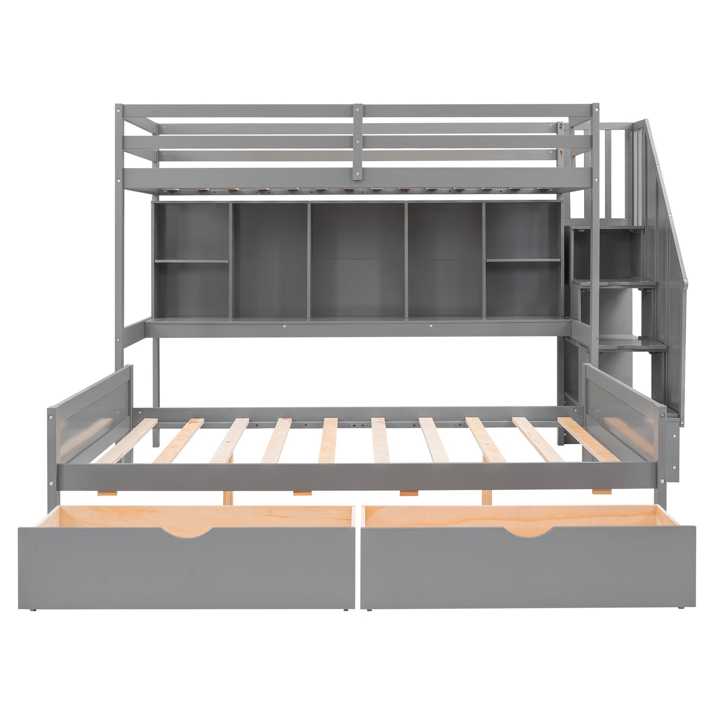 Twin XL over Full Bunk Bed with Built-in Storage Shelves;  Drawers and Staircase