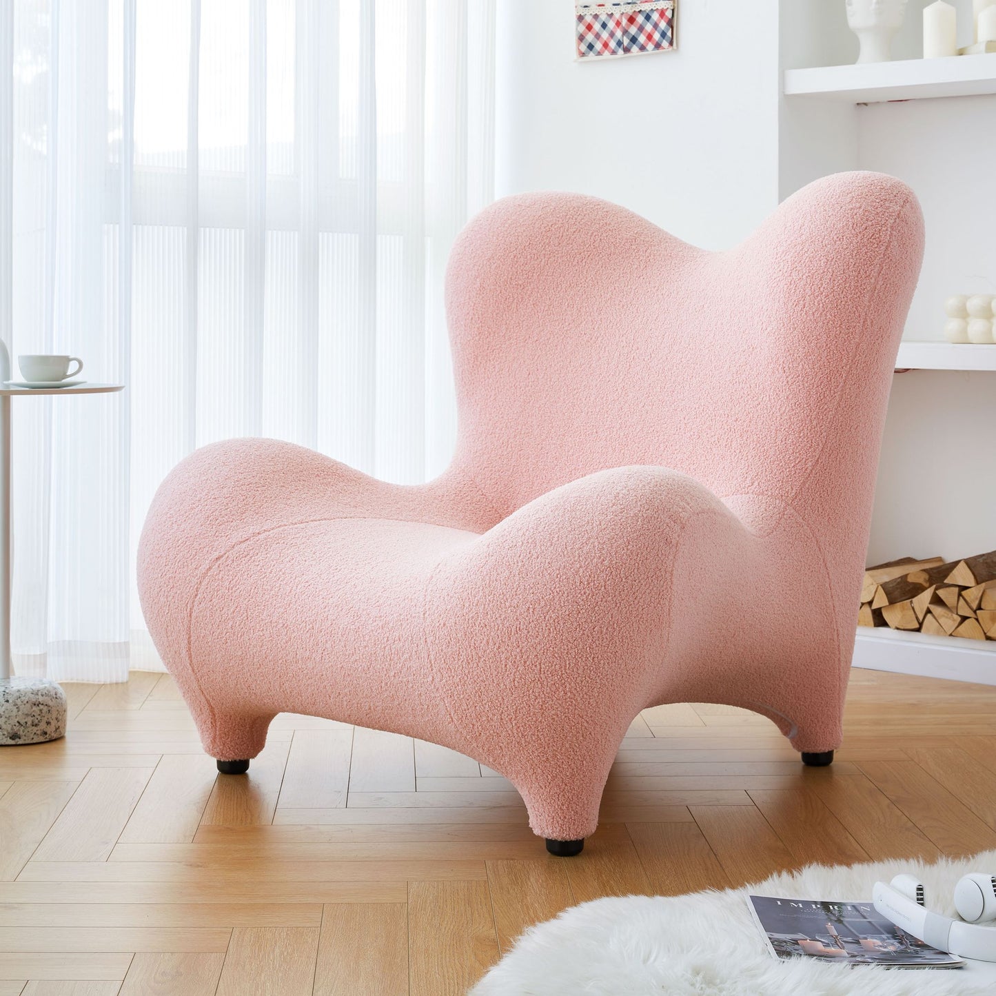 Whimsy High Back Sherpa Armchair with Footstool in Pink