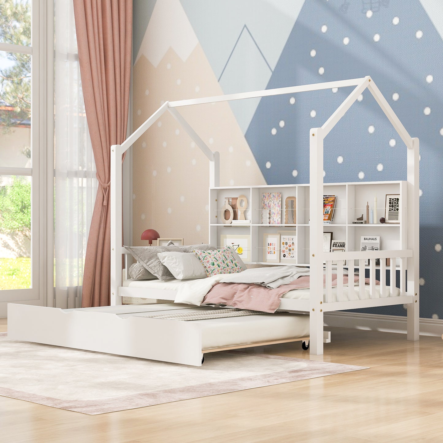 Wooden Twin Size House Bed with Trundle,Kids Bed with Shelf