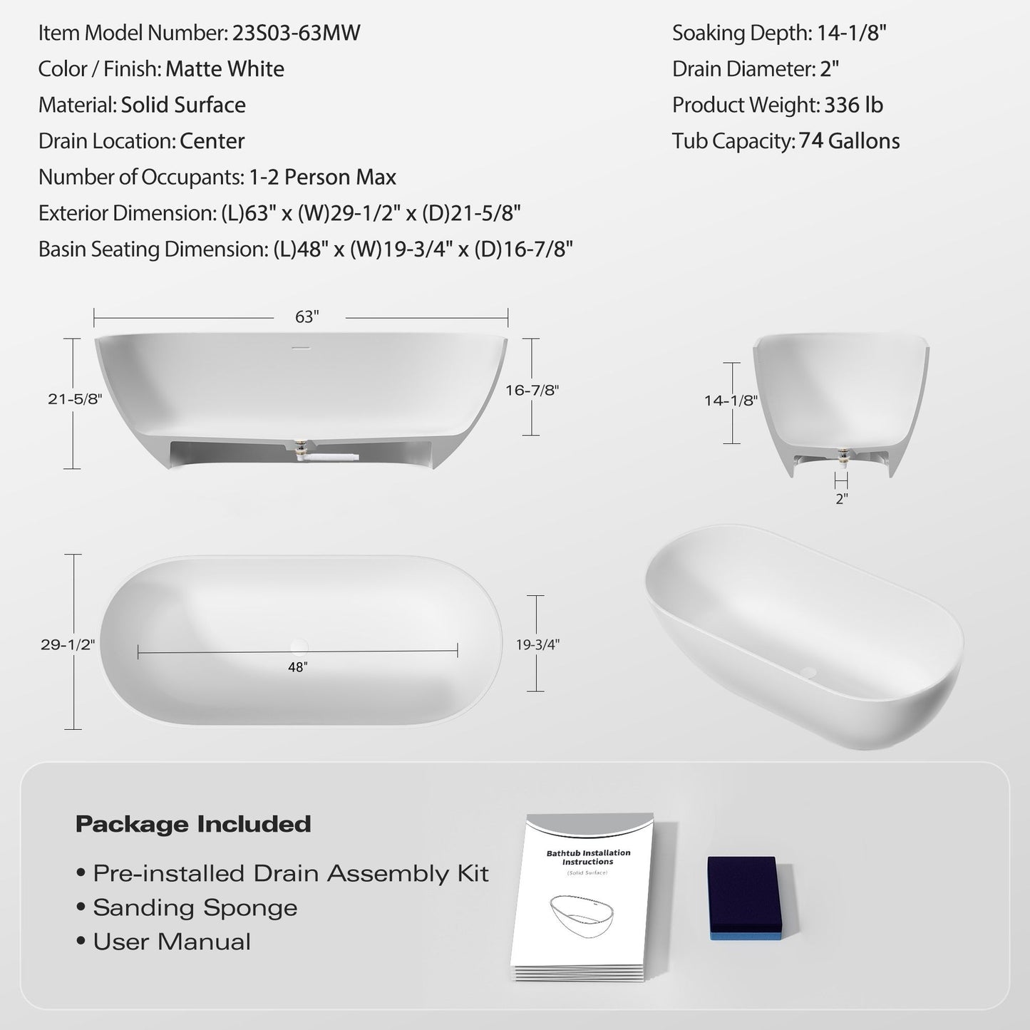 63" Freestanding Luxury Soaking Bathtub with Overflow and Pop-up Drain in Matte White 23S03-63MW