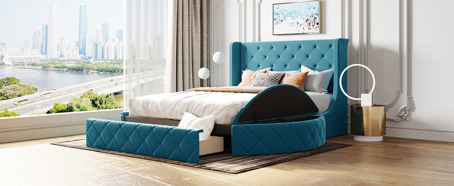 Upholstered Platform Bed Queen Size Storage Velvet Bed with Wingback Headboard and 1 Big Drawer; 2 Side Storage Stool