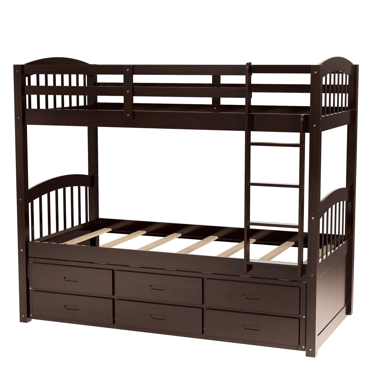 Twin over Twin Wood Bunk Bed with Trundle and Drawers,White