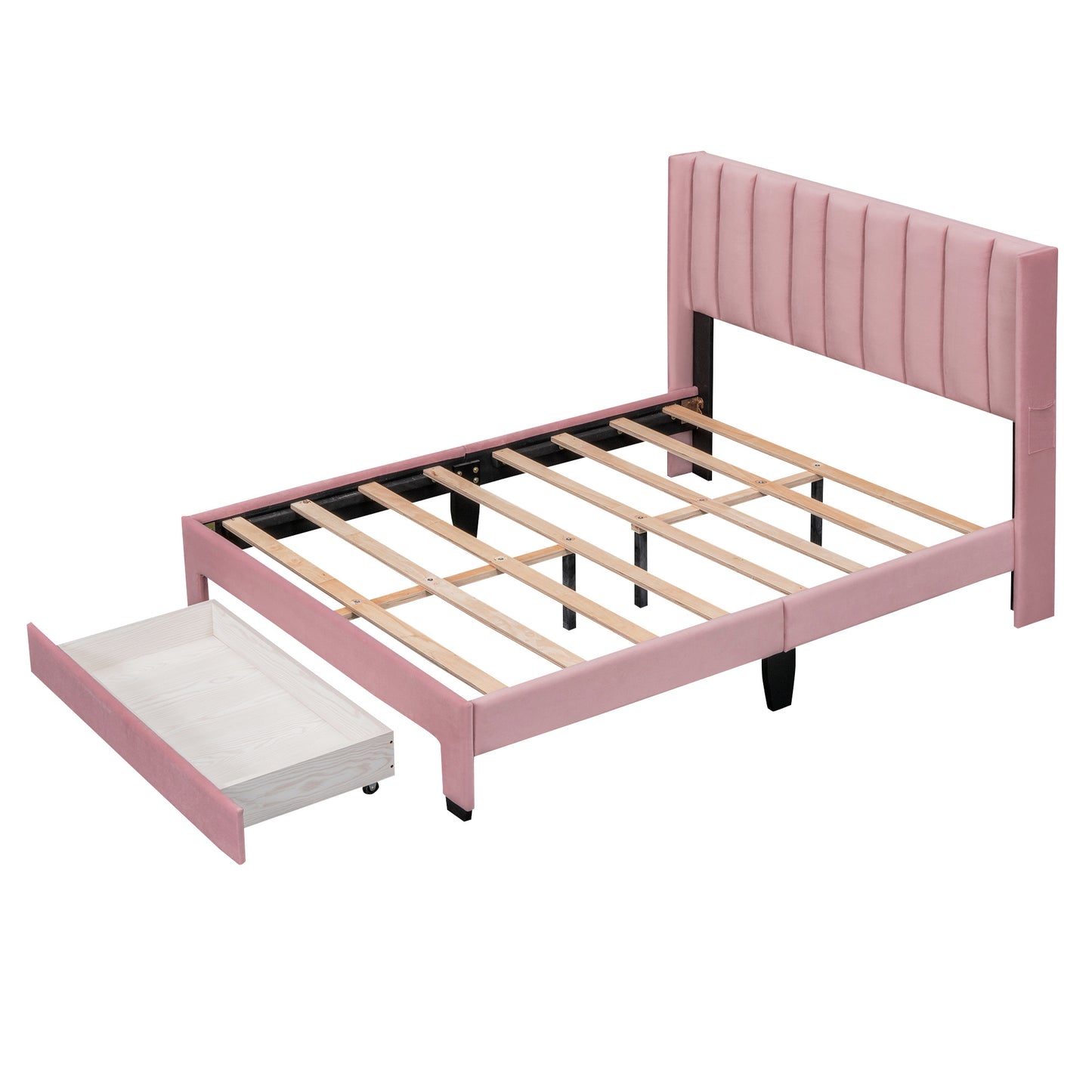 Full Size Storage Bed Velvet Upholstered Platform Bed with a Big Drawer - Pink