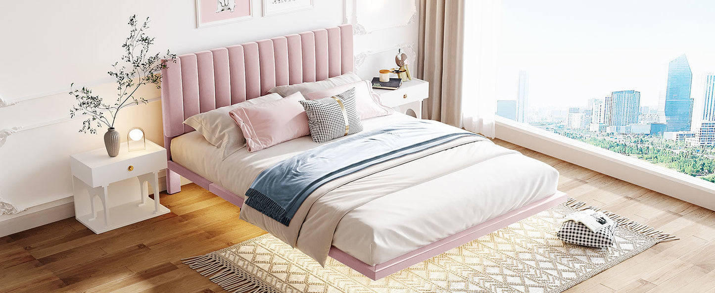 Queen Size Upholstered Bed with Sensor Light and Headboard, Floating Velvet Platform Bed, Pink