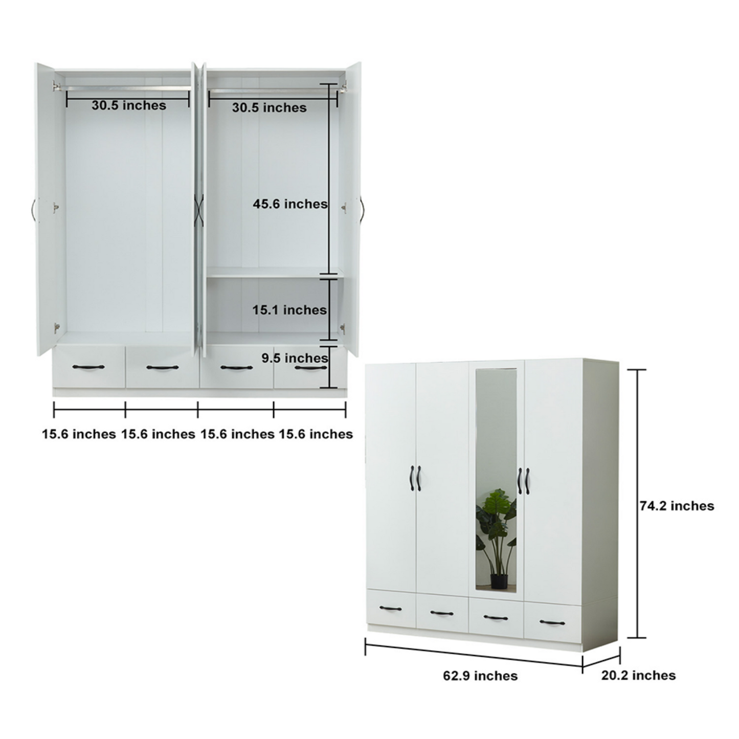 Armoire Wardrobe Closet 4 Door: 4 Drawers Wooden Cabinet Closet Wardrobe with Mirror and Hanging Rod High Storage Capacity for White Closet Cabinet 63" L x 20.3" W x 72.7" H