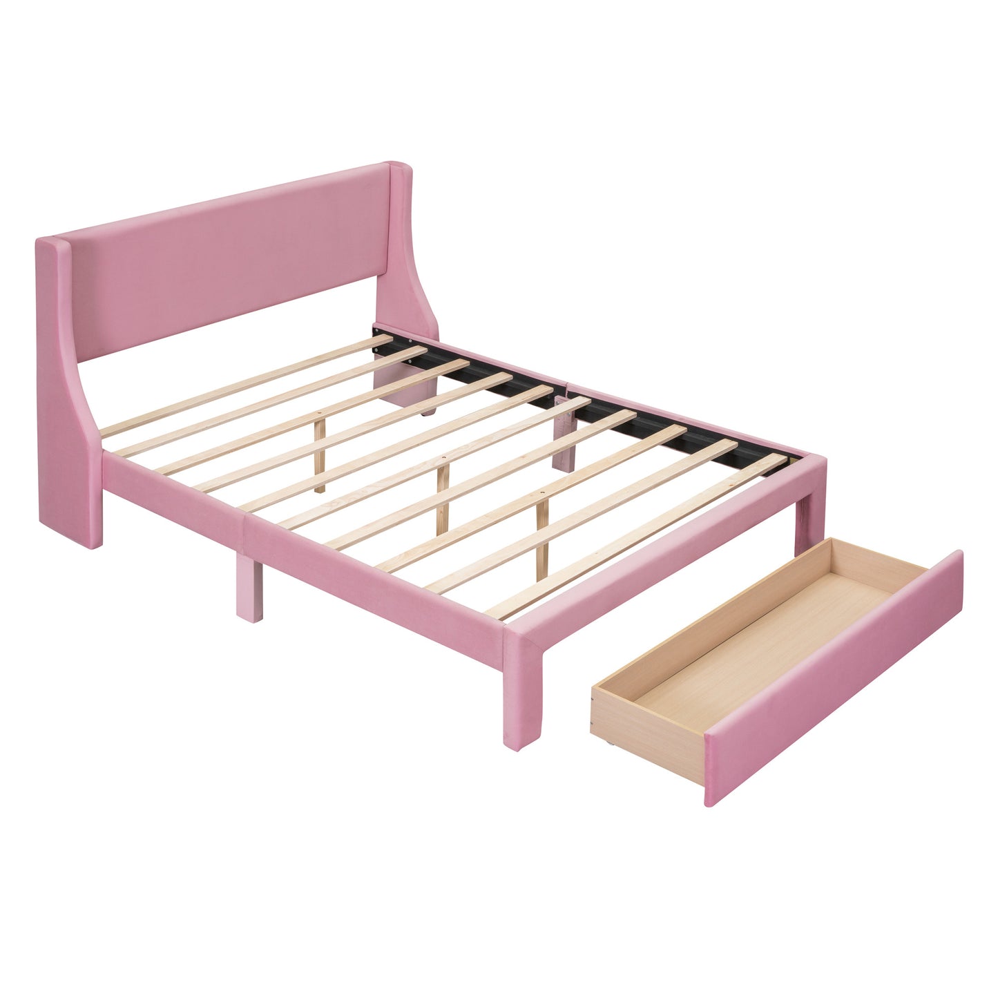 Queen Size Storage Bed Velvet Upholstered Platform Bed with a Big Drawer - Pink