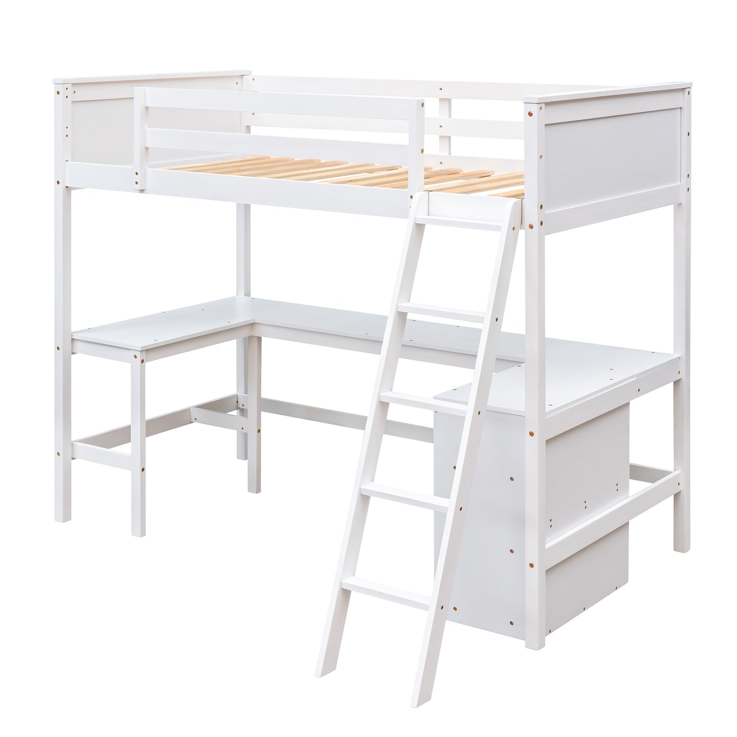 Twin size Loft Bed with Shelves and Desk;  Wooden Loft Bed with Desk