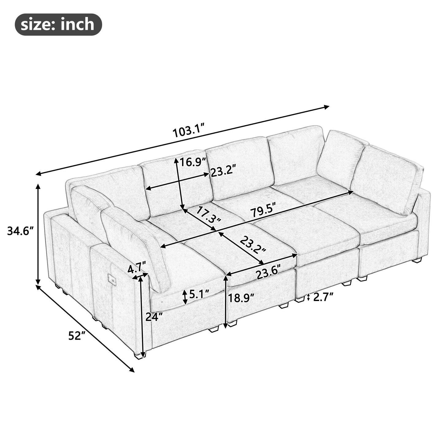 Williams 103" Sectional Sleeper Sofa with Two Movable Ottomans