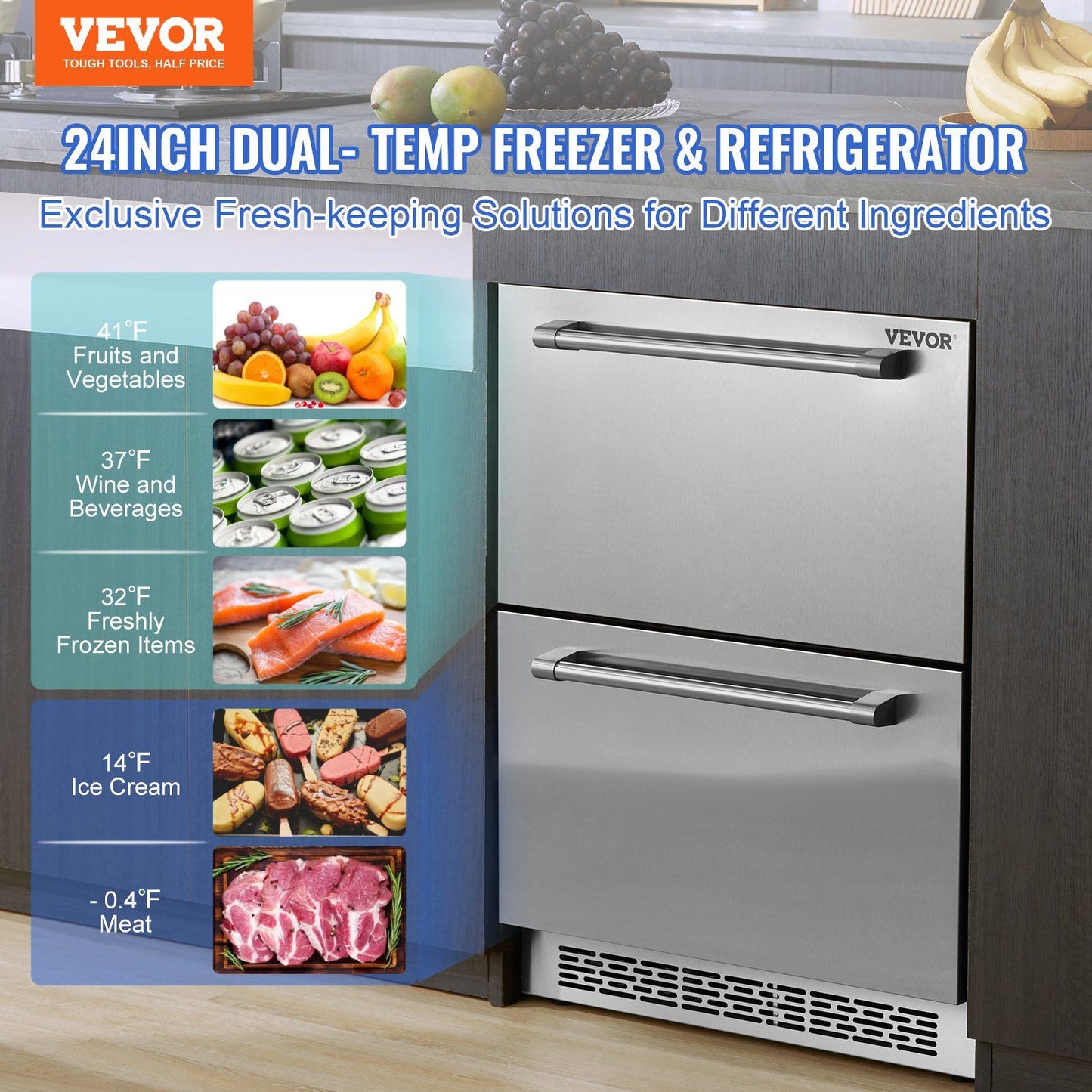 VEVOR 24 inch Undercounter 2 Drawer Refrigerator/Freezer