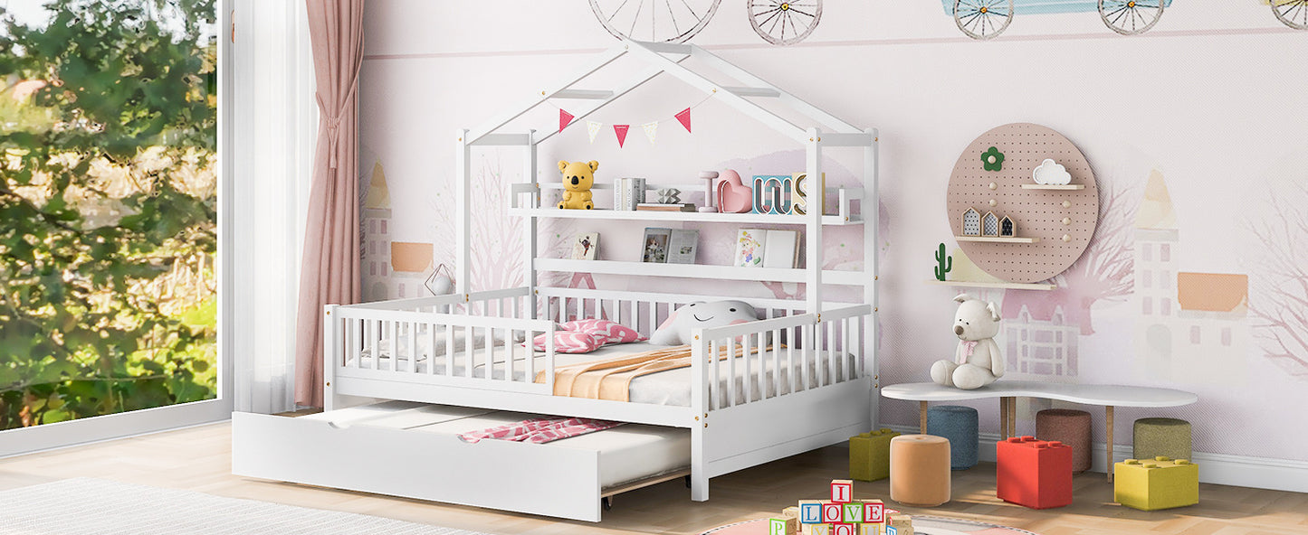 Wooden Full Size House Bed with Twin Size Trundle,Kids Bed with Shelf