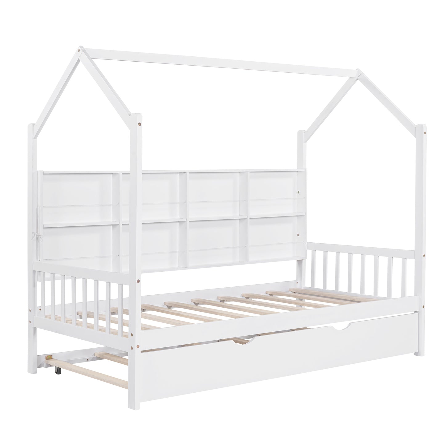 Wooden Twin Size House Bed with Trundle,Kids Bed with Shelf