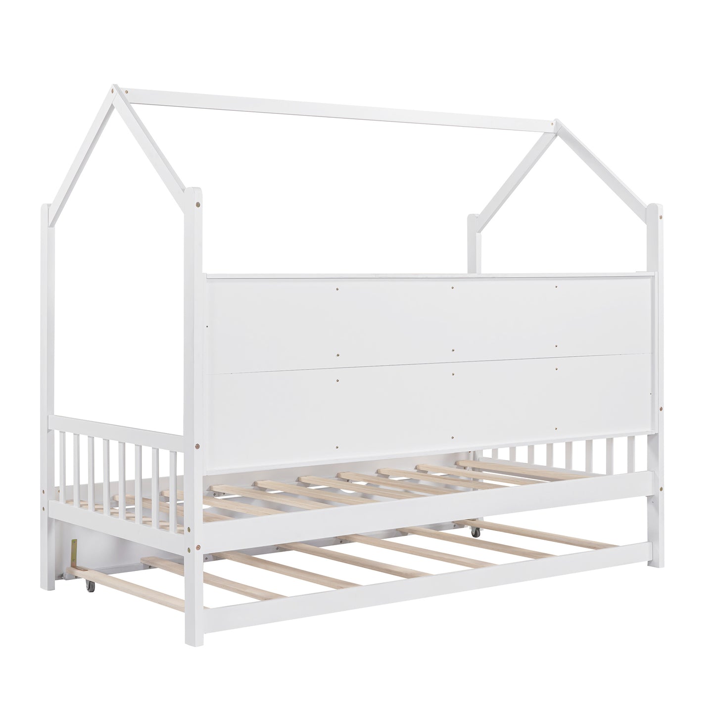 Wooden Twin Size House Bed with Trundle,Kids Bed with Shelf