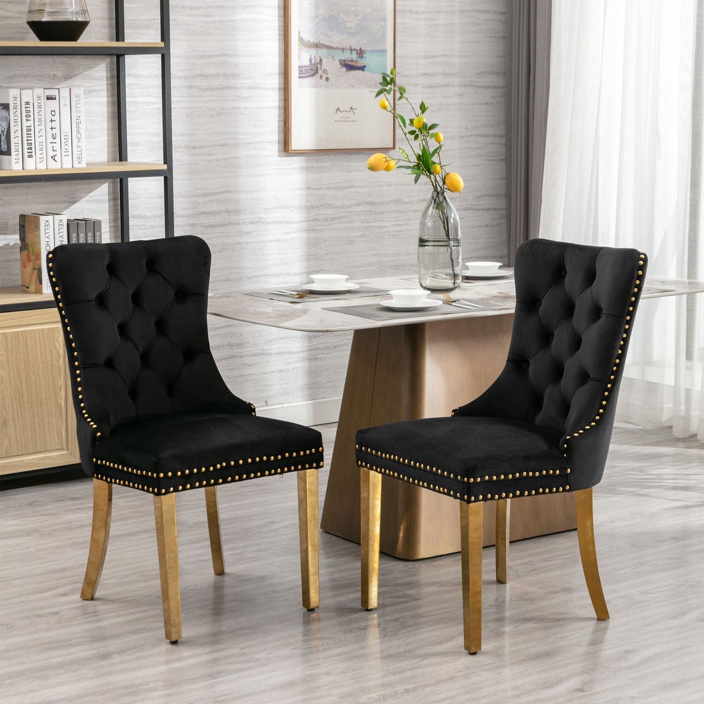 Lorelei Velvet Tufted Dining Chair Set of 2 in Black and Gold