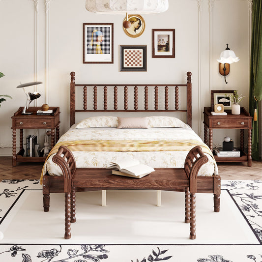 4 Pc. Queen Platform Bedroom Suite with Gourd Shaped Headboard, Storage Nightstand and Bench with Turned Legs in Walnut