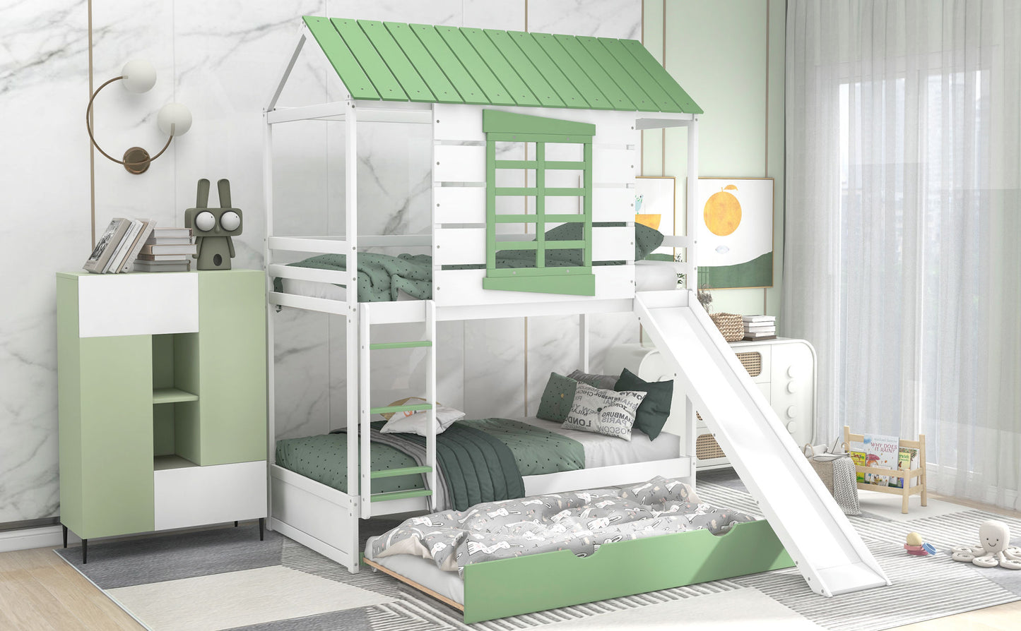 Twin over Twin Size House Bunk Bed with Convertible Slide and Trundle