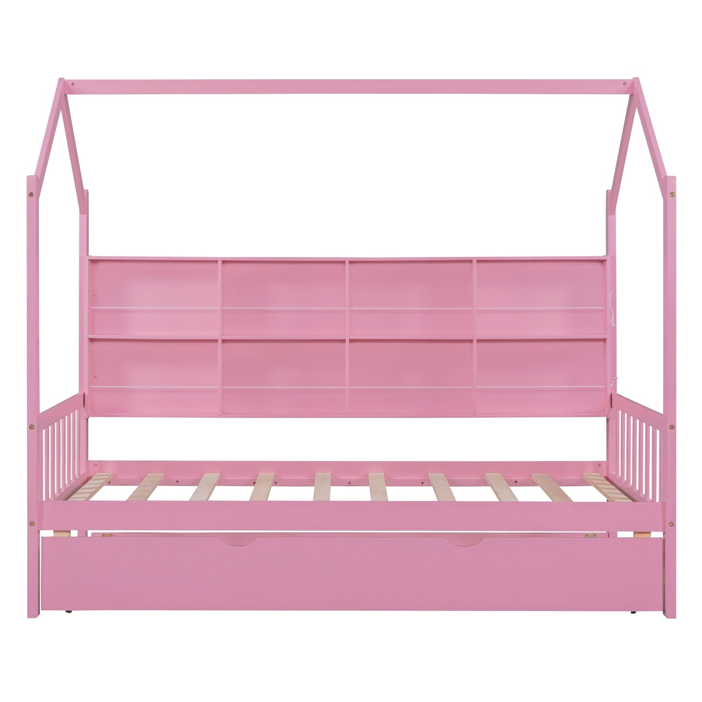 Wooden Twin Size House Bed with Trundle,Kids Bed with Shelf