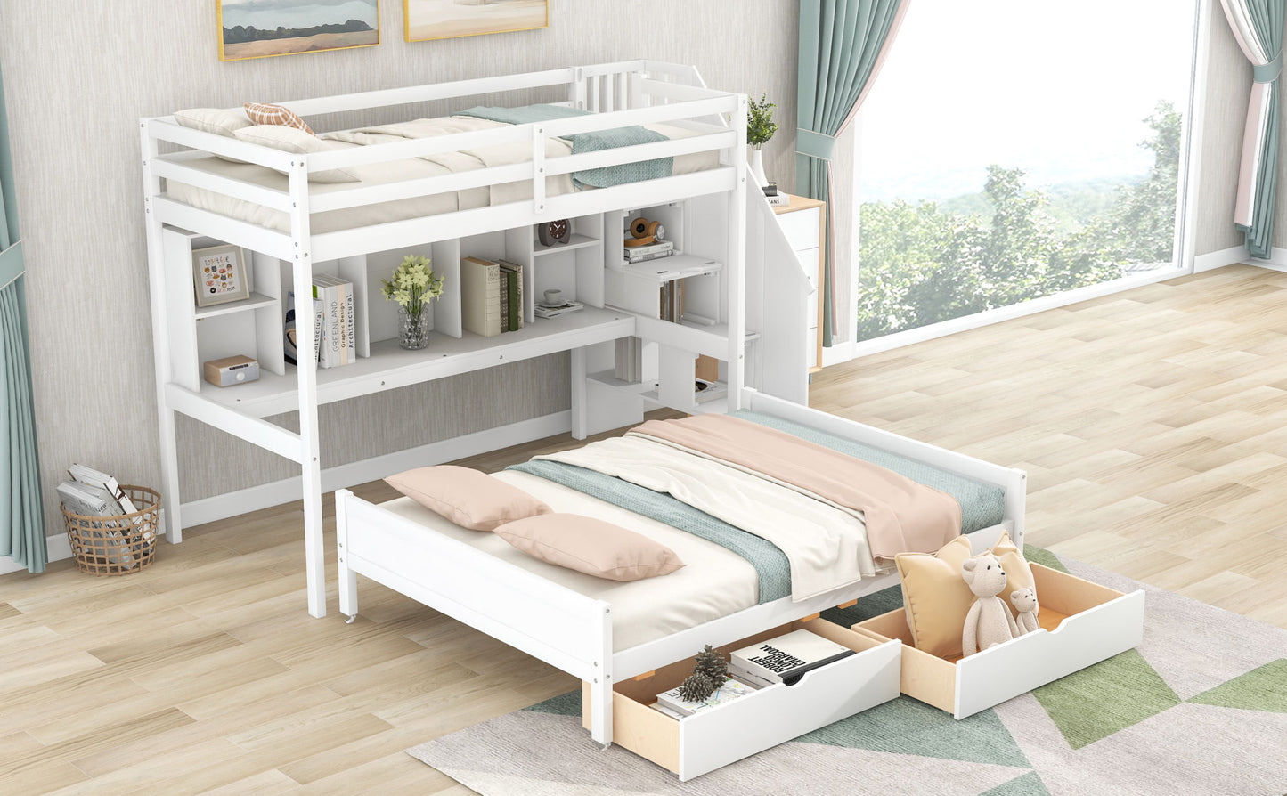 Twin XL over Full Bunk Bed with Built-in Storage Shelves;  Drawers and Staircase