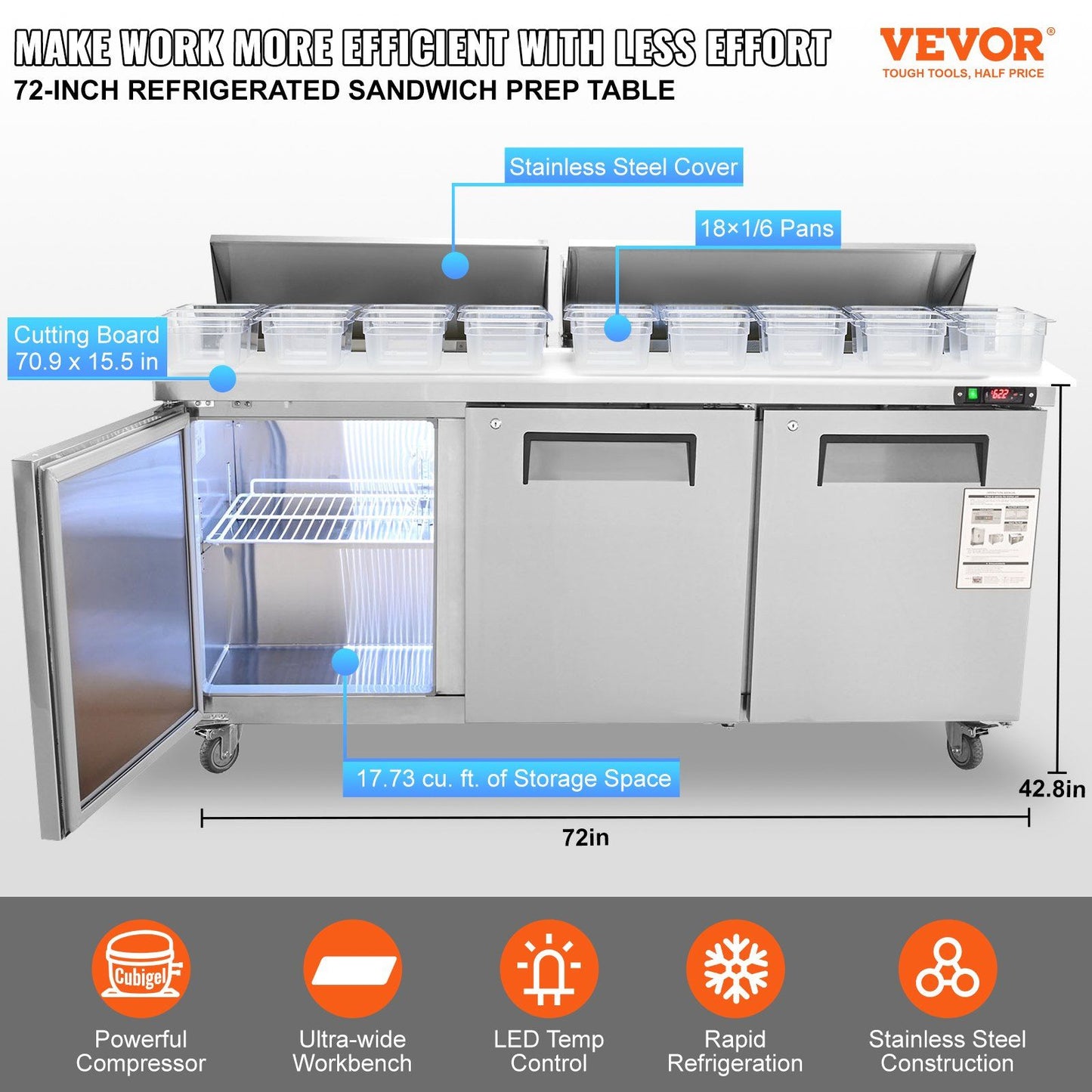 VEVOR Commercial 17.73 Cu. Ft Stainless Steel Refrigerated Food Prep Station