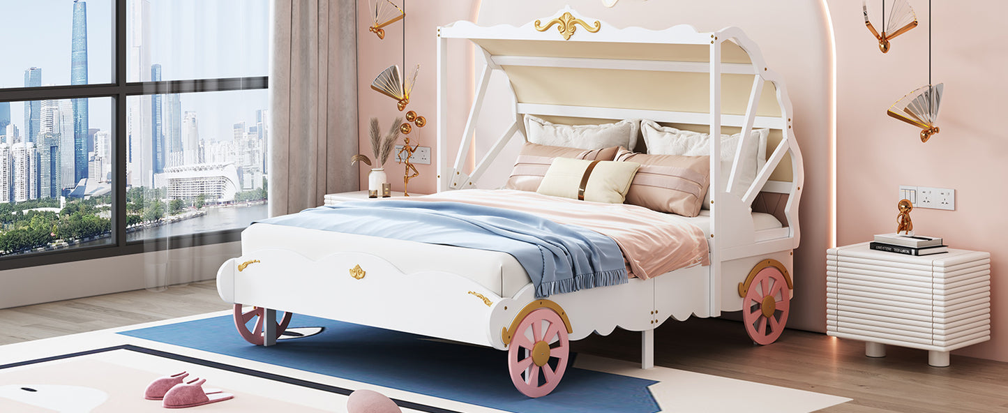 Full Size Princess Carriage Bed with Canopy, Wood Platform Car Bed with 3D Carving Pattern, White+Pink+Gold