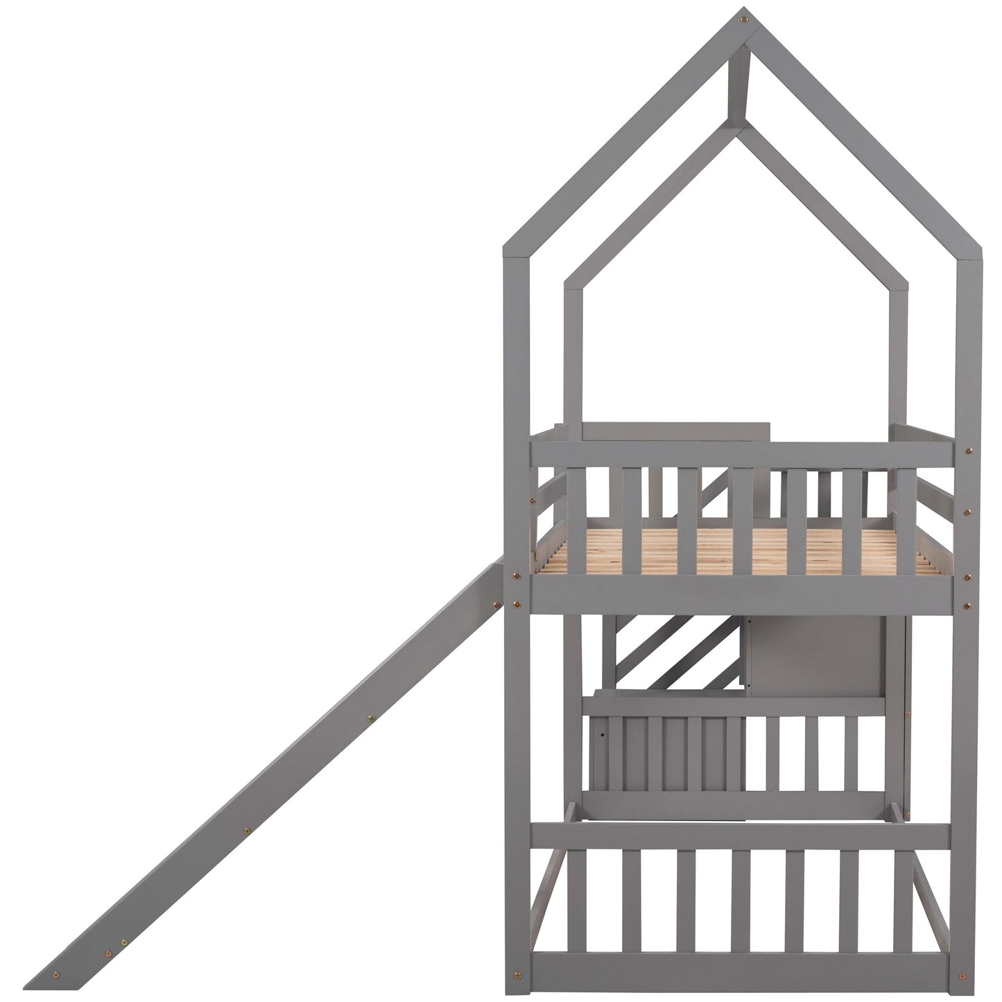 Twin over Twin House Bunk Bed with Convertible Slide; Storage Staircase