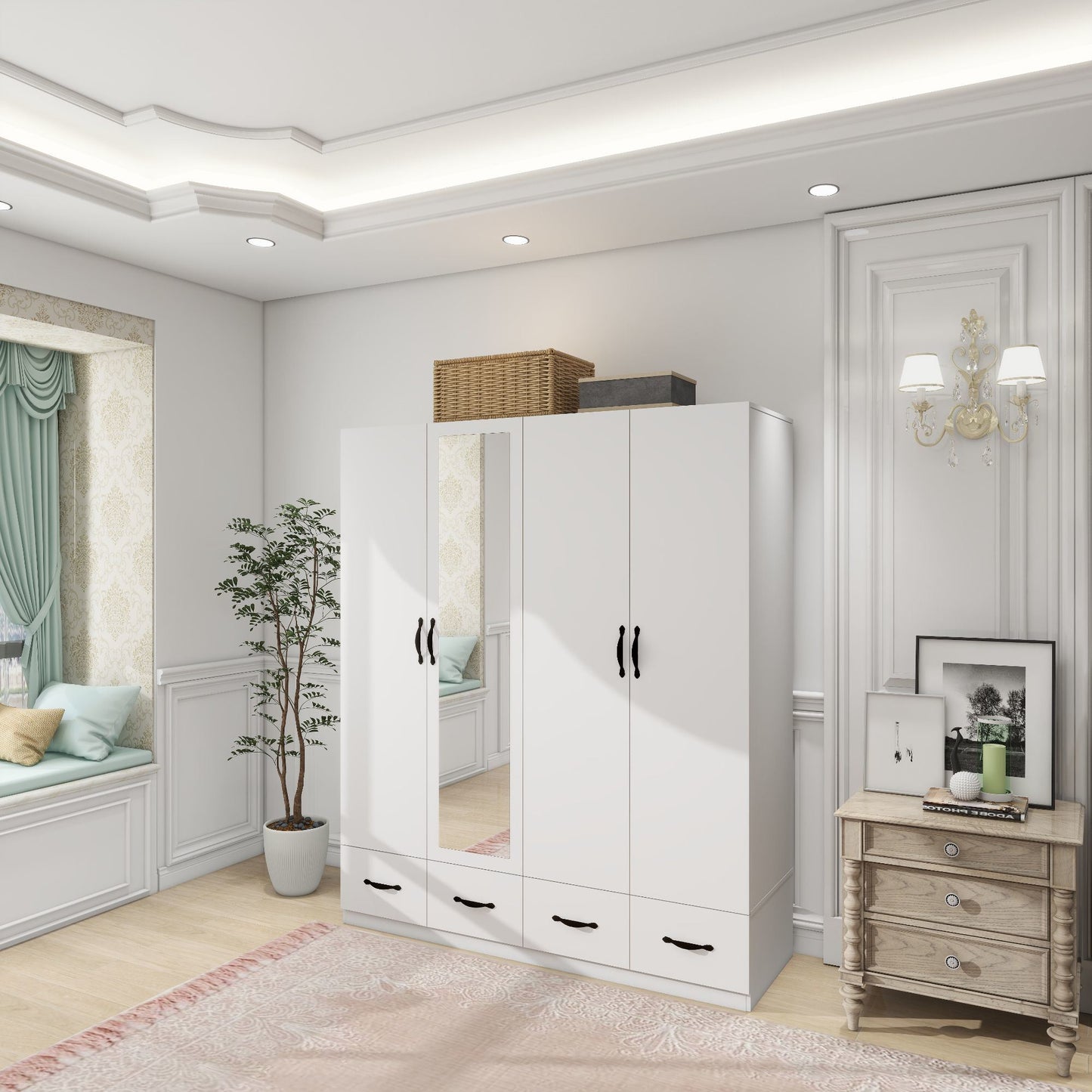 Armoire Wardrobe Closet 4 Door: 4 Drawers Wooden Cabinet Closet Wardrobe with Mirror and Hanging Rod High Storage Capacity for White Closet Cabinet 63" L x 20.3" W x 72.7" H