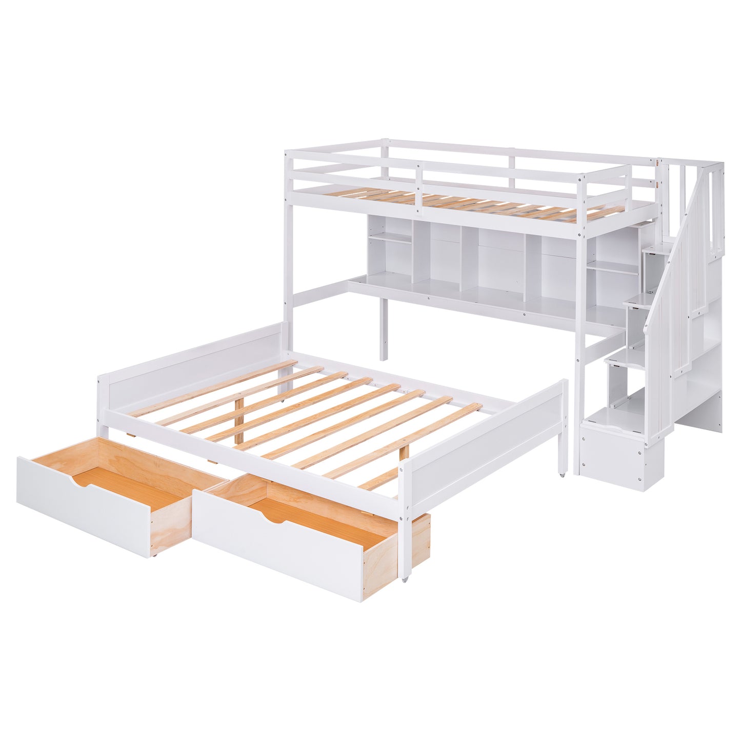 Twin XL over Full Bunk Bed with Built-in Storage Shelves;  Drawers and Staircase