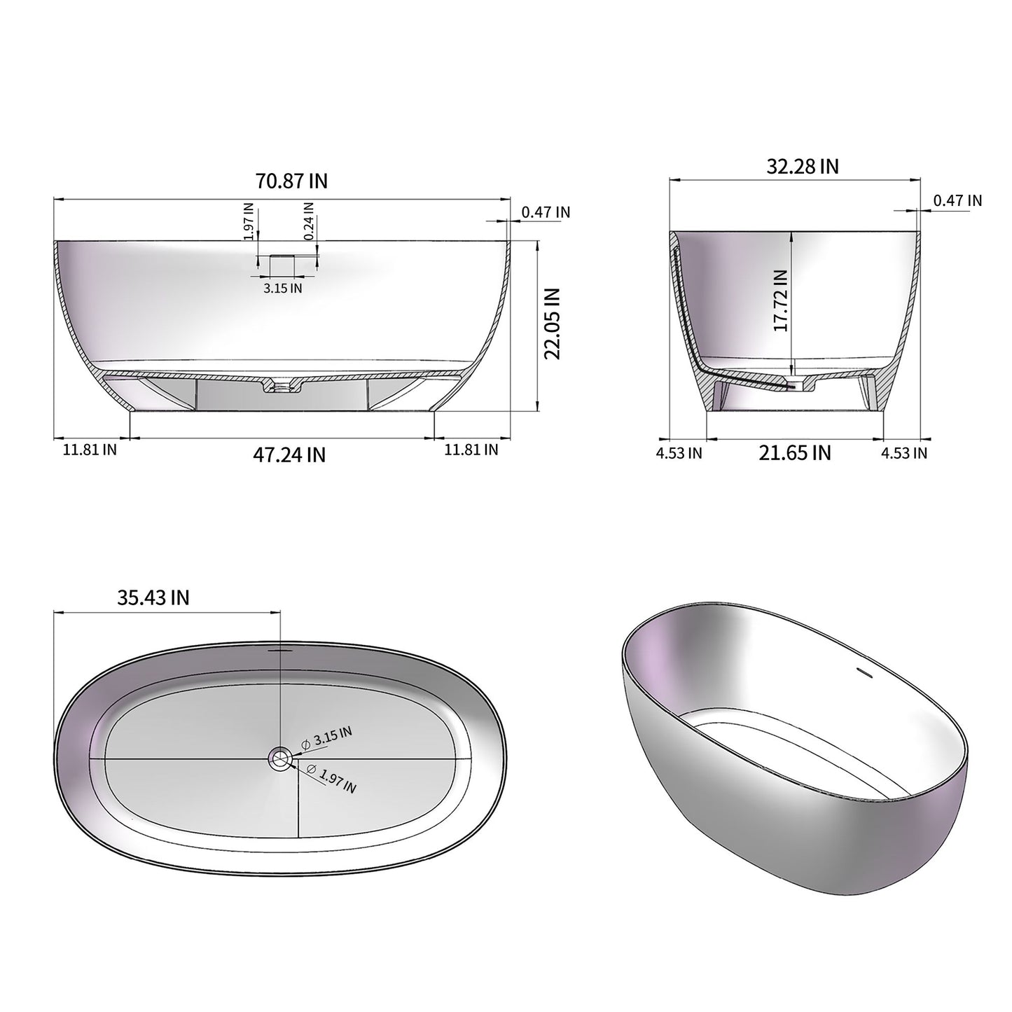 71in. Freestanding Soaking Bathtub in Matte White